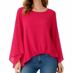 B DESIGN Fairycore Chiffon Crepe Long Peekaboo Flare Sleeve Blouson Blouse